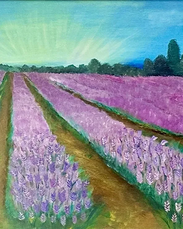 Dipinto di Annarita Camassa: campo di lavanda all’alba
